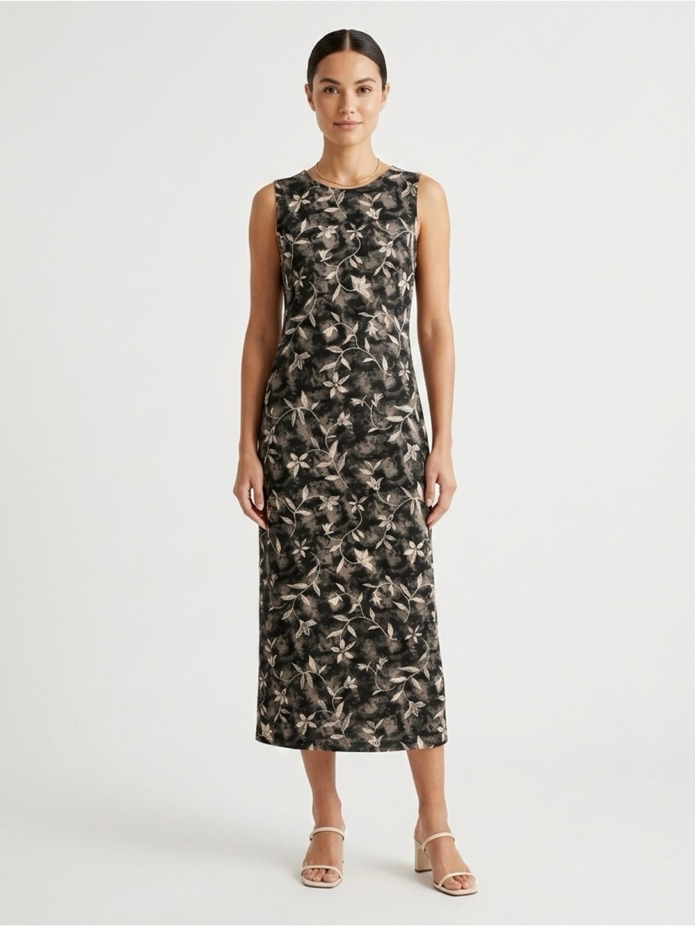 Sleeveless Floral Midi Dress in Black and Cream